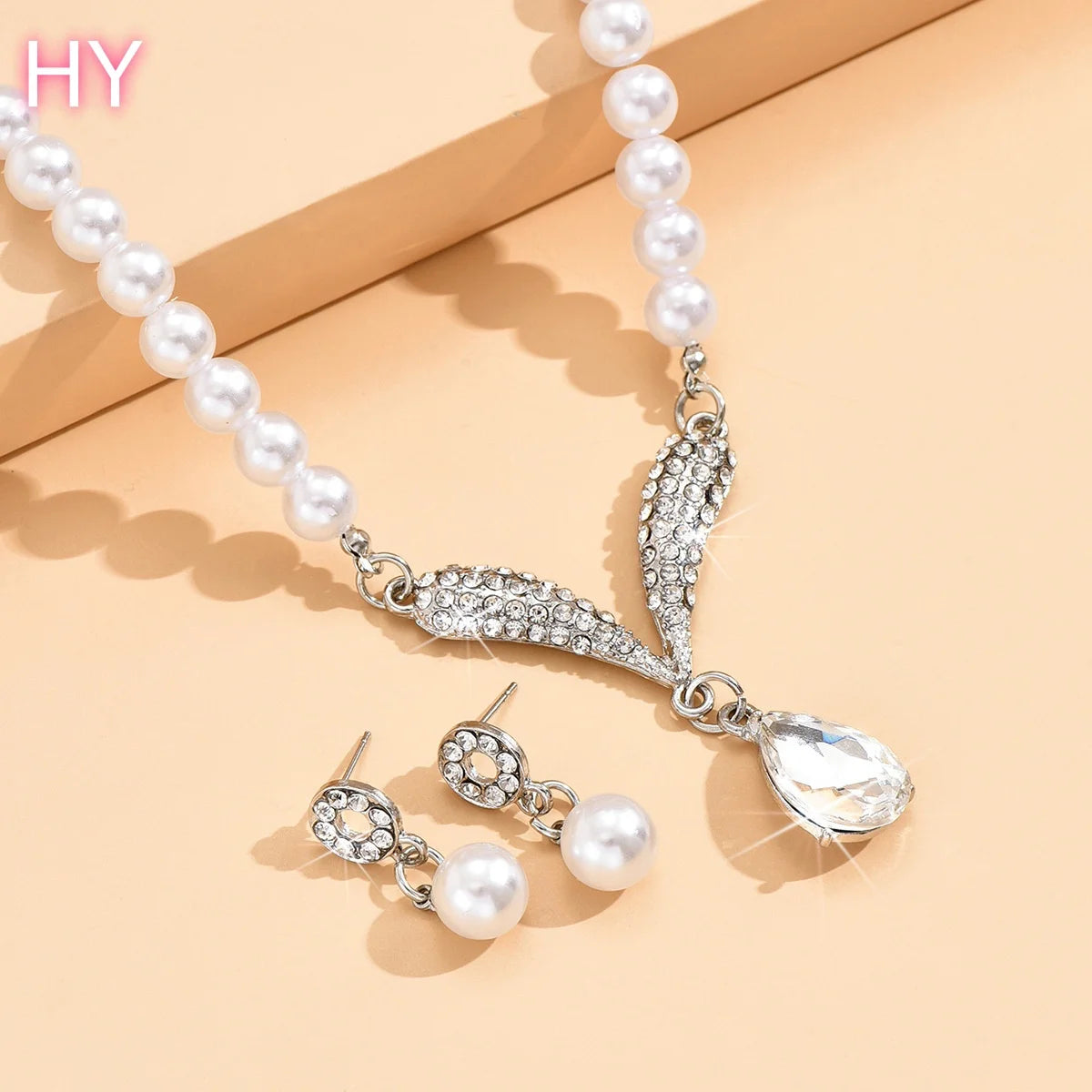 HY  Factory Wholesale Custom Korean Version Imitation Pearl Necklace Earrings] Bridal Accessory Temperament Two-piece Set