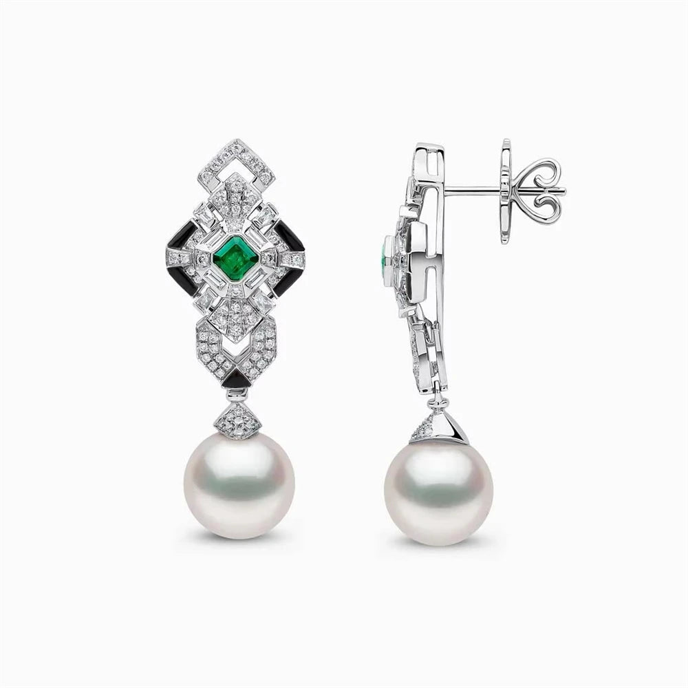 S925 Silver Freshwater Pearl & Zircon Earring Necklace Set Luxurious Geometric Lines Design Fine Jewelry for Gift