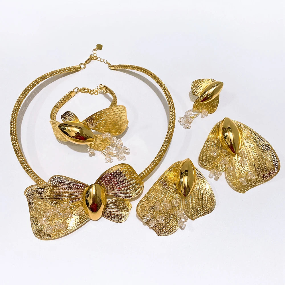Zhuerrui Luxury Gold Plated Bow Knot Jewelry Set Rhinestones for Women Necklace Earrings Bracelet Ring Party Accessories MY20935