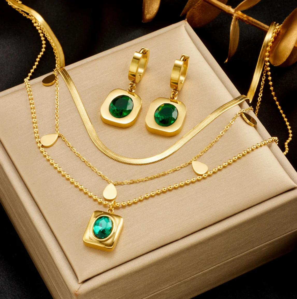 Gold Multi-Layer Chain & Green Crystal Necklace & Earrings Jewellery Set | Dramatic Luxury Set