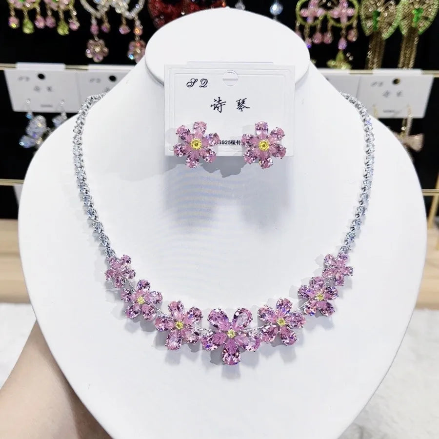 K084 Wholesale Women Trendy Luxury Flower Zircon Bridal Necklace Earrings Set Wedding Elegant Jewelry Set