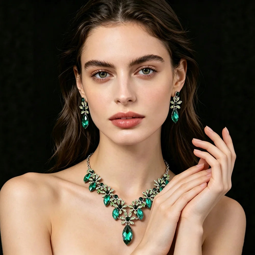 XM S374 Silver Plated Princess Cut Crystal Rhinestone Floral Necklace & Drop Earrings Set