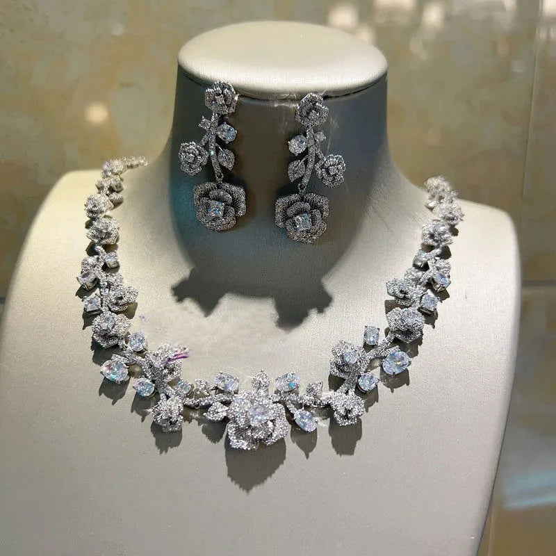 XM S203  Luxury Royal Blue Gemstone Flower Statement Necklace and Drop Earrings Set