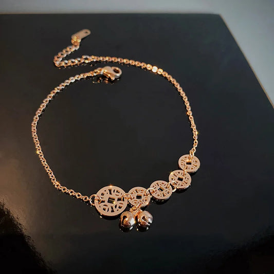 Wholesale Trendy Women Stainless Steel Rose Gold Foot Chain Bracelet Bell Coin Anklet
