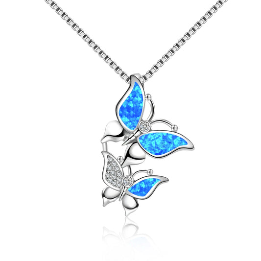 Fashion Double Butterfly Christian Lariat Necklace with Blue Opal Inlay Box Chain Silver Plated Copper for Women