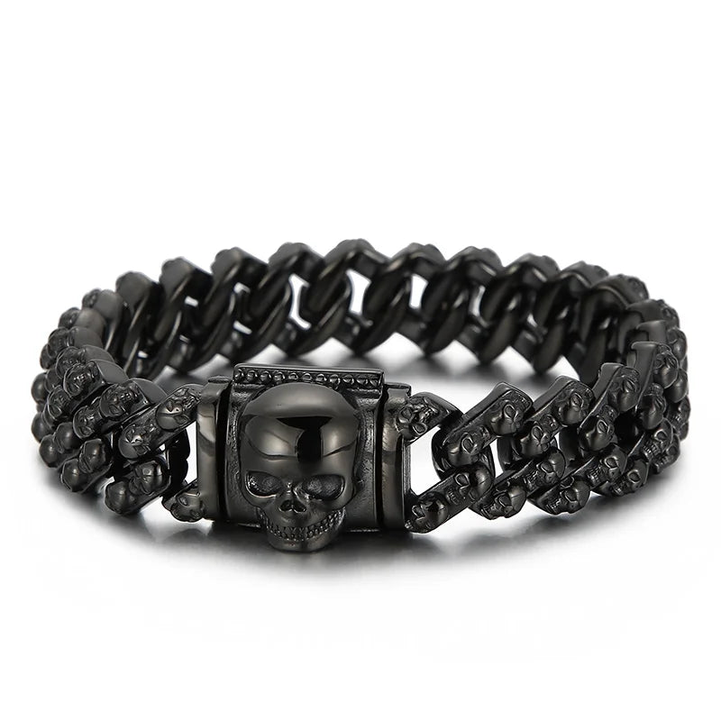 VIKING Mens Punk Skull Charm Link Bangle Bracelet – Silver, Black & Gold