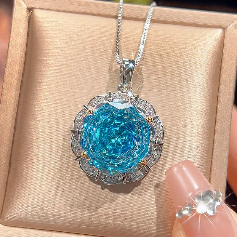 Gemfiori Luxurious Unique Rose Circular Design Necklace Earrings for Girls Blue Cubic Zircon Set Fashionable Women Adjustable Ring