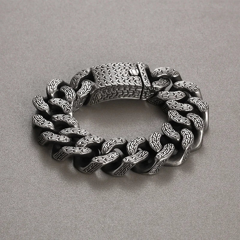 KALEN Men Retro 220mm Stainless Steel Tire Mark Cuban Links Bracelet