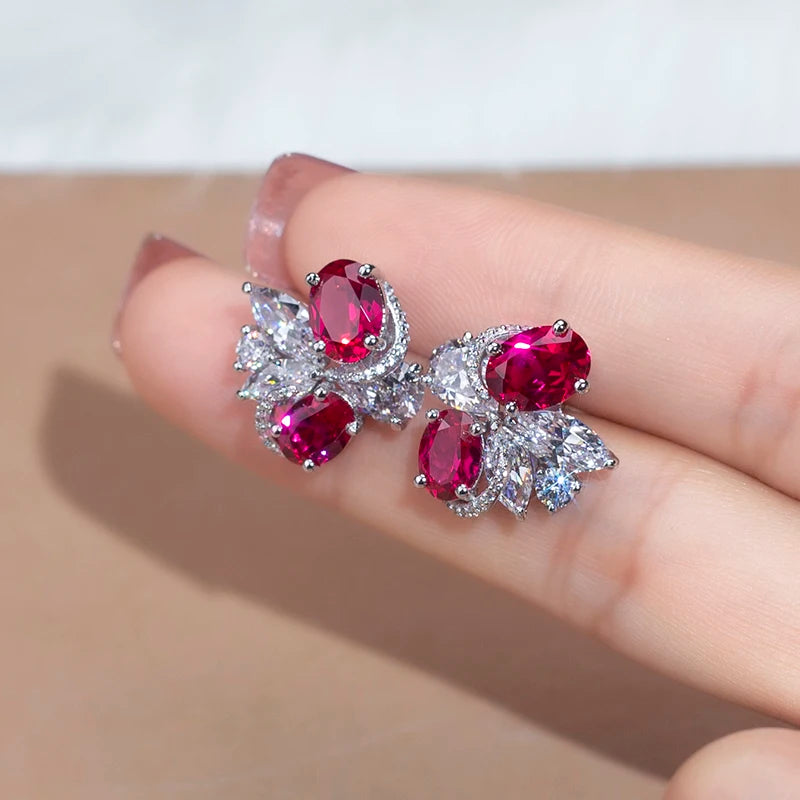 Messi Jewelry MSE-605 Fancy Shape Sparkling Red/white Corundum Flower Design S925 Earrings Engagement Dating Gift for Girls