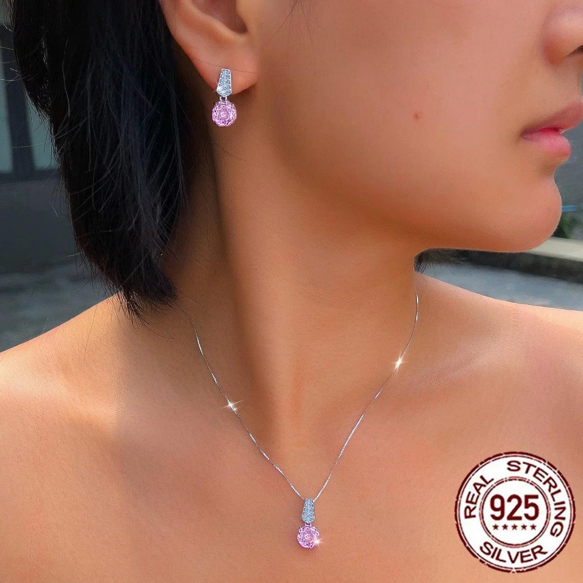 S925 Sterling Silver Pendant Necklace and Earrings Hypoallergenic Rose-Cut Cubic Zirconia V-Shaped Ladder Design Jewelry Set