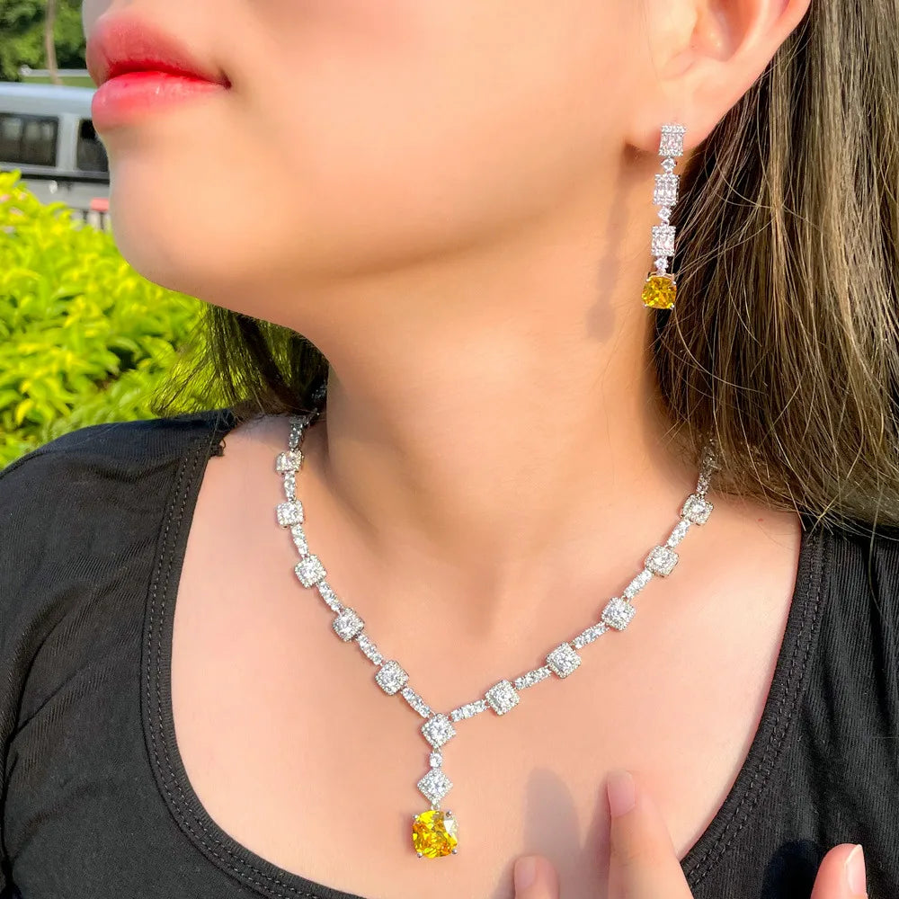 Classic Square Cut Yellow Cubic Zirconia Stone Wedding Necklace Earrings Dubai Nigerian CZ Bridal Jewelry Sets