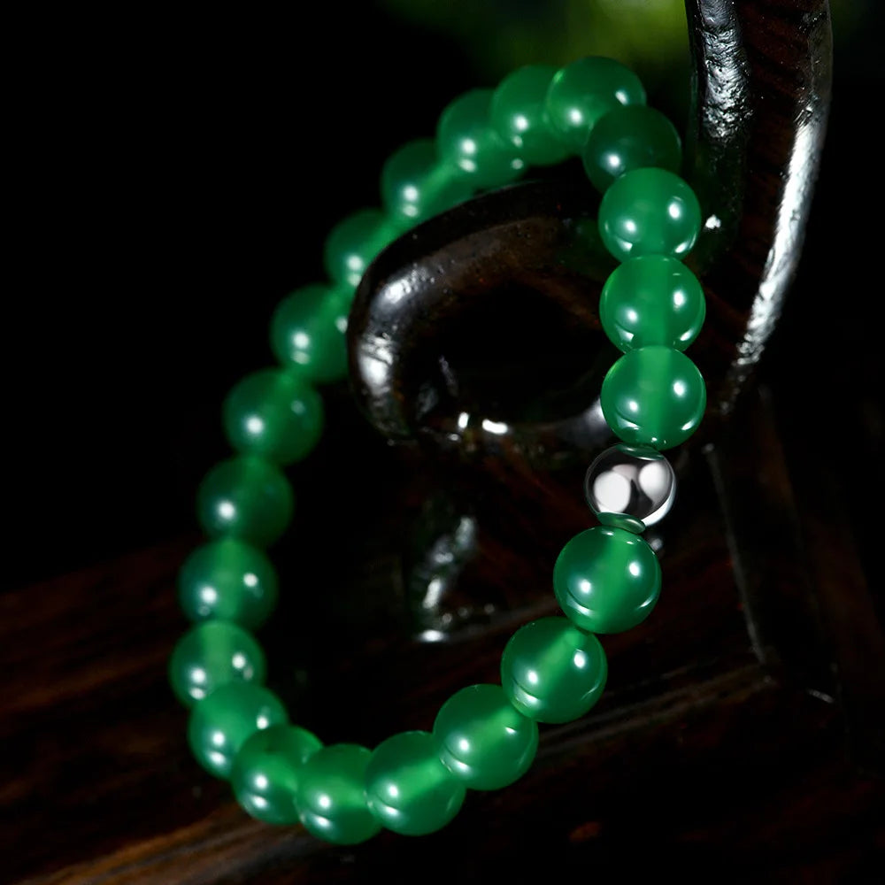 MUSHAN Jewelry Factory 2026 New Model 925 Silver 8mm Bracelet Inlaid With Round Straight Hole Green Jade Beads