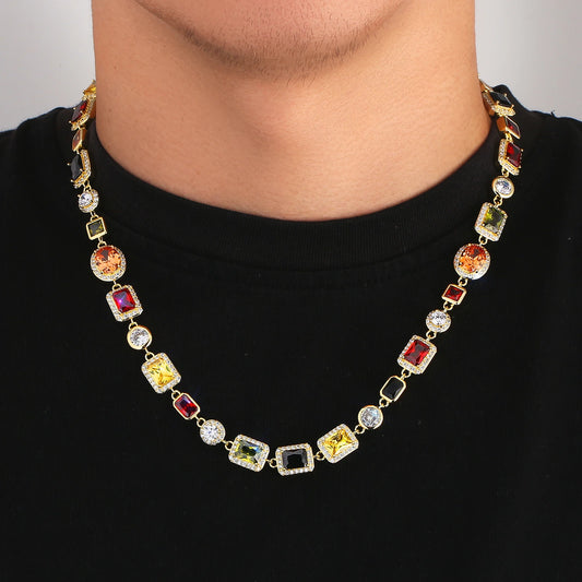 10mm Colorful Gem Chain Men Women Vintage ZIRCON 18K Gold Plated Hip Hop Choker Jewelry Multi Color Gemstone Bracelet Necklace
