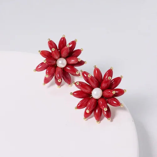 Red Coral Natural Pearls Fashion Accessories Set Fine Woman Ring Earrings Necklace Luxury Customized Jewelry Wedding
