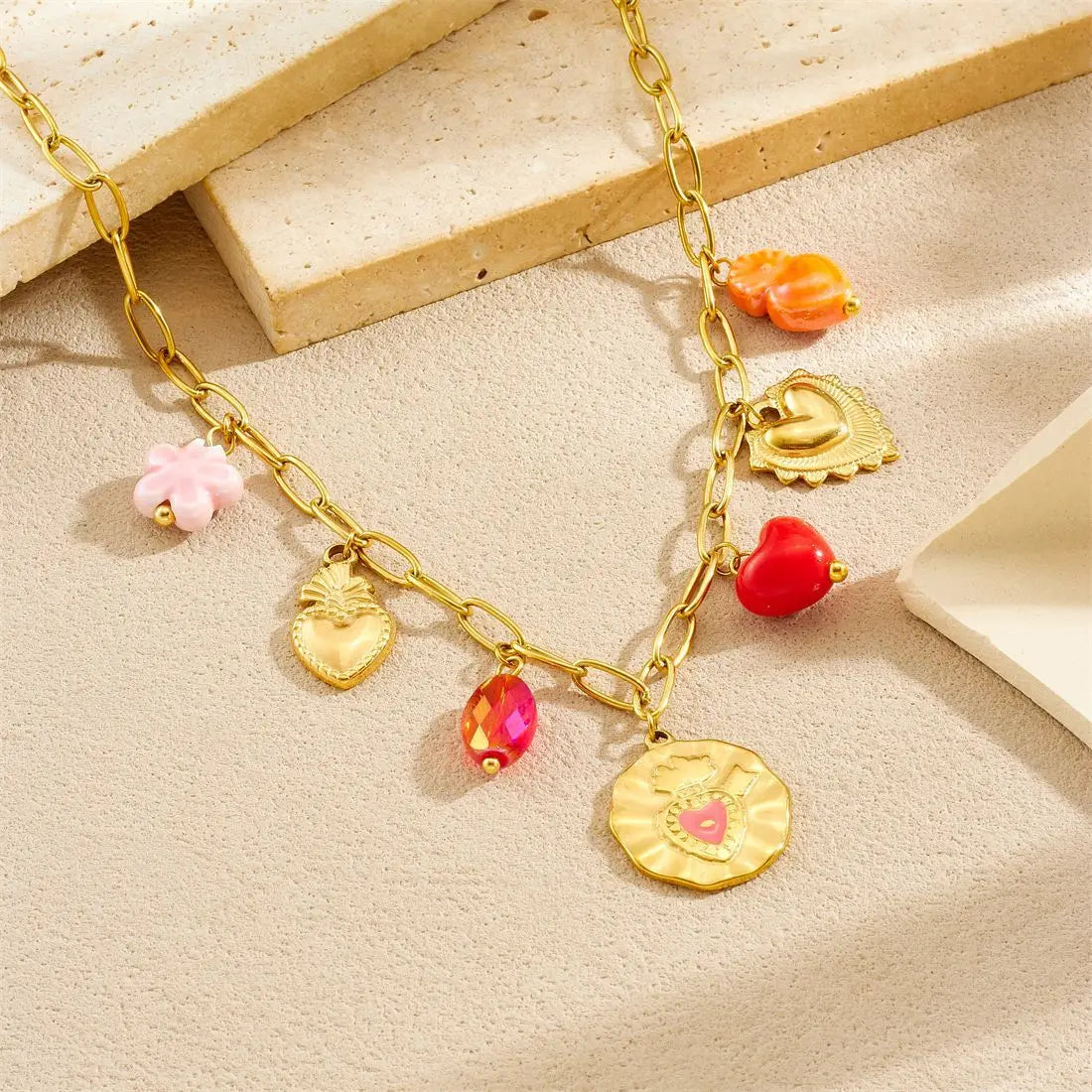 Gold Sacred Heart Charm Necklace & Bracelet Set — Stainless Steel Maximalist Jewellery