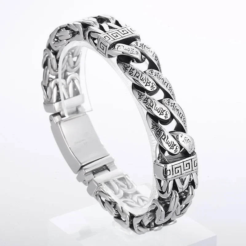 KALEN 225mm Gothic Stainless Steel Herringbone&Cuban Chain Bracelet With Ancient Runes