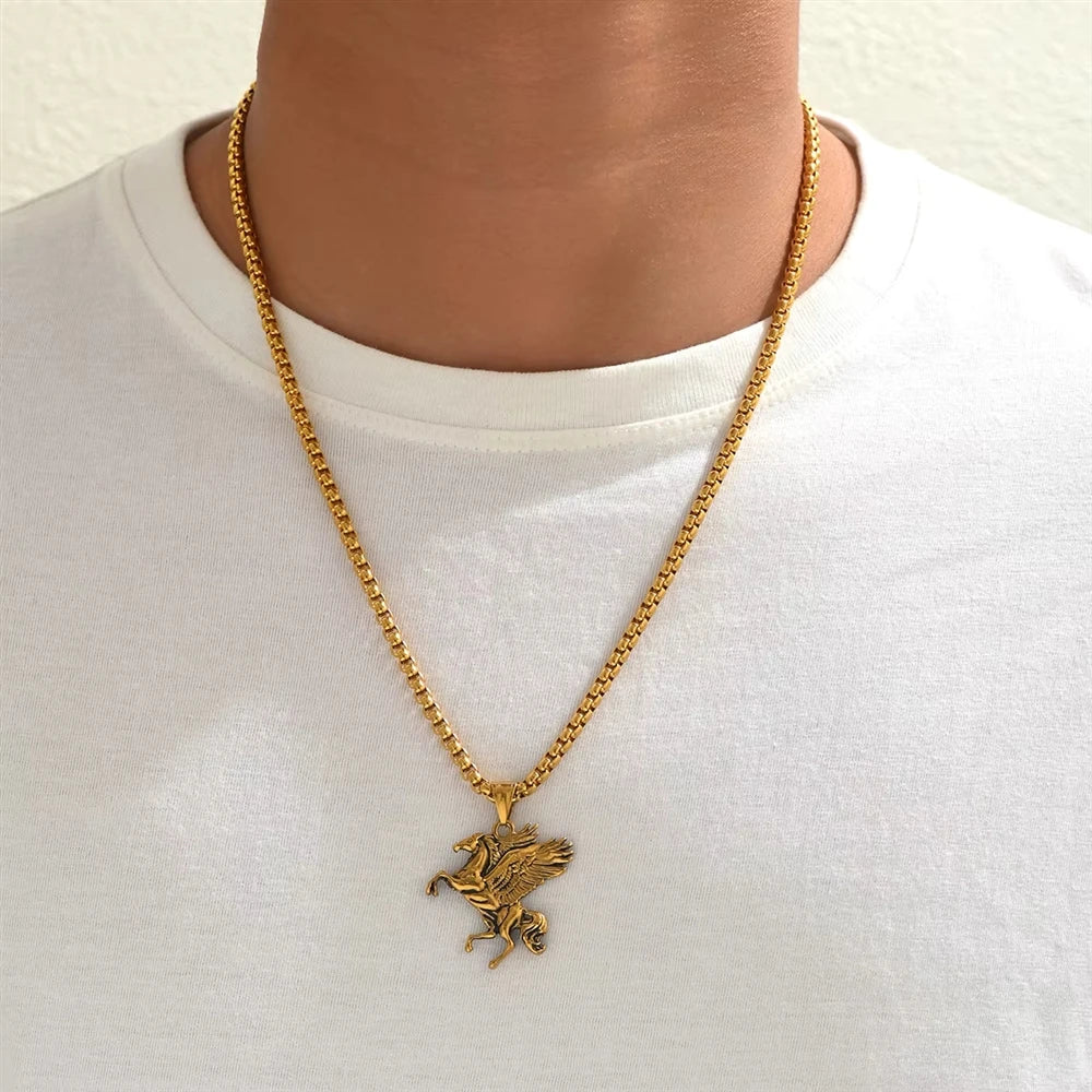Hip Hop Punk Animal Horse Pegasus Wing Party Feather Stainless Steel Fashion Jewelry Pendant Necklaces for Men Wholesale