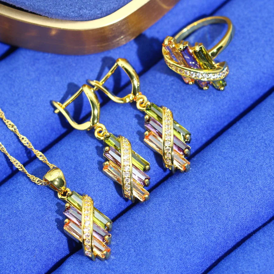 XOTICA Women's Gold Plated Multicolor Zircon Jewelry Set Square Earrings Necklace Pendant Ring for Wedding Parties Classic Bridal Gifts