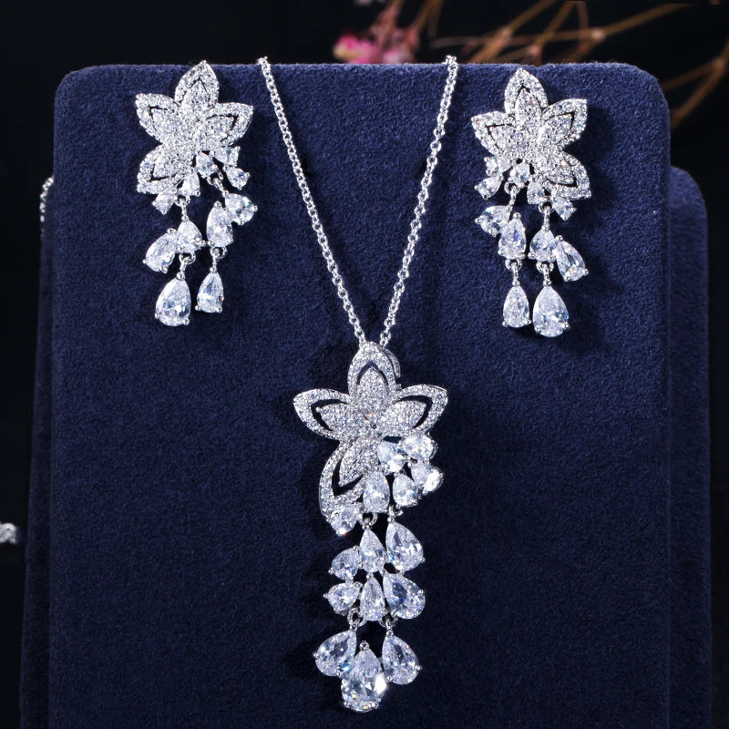 High Quality Geometric Flower Design Cubic Zirconia Crystal Women Rose Gold Color Tassel Earrings Necklace Pendant Jewelry Sets