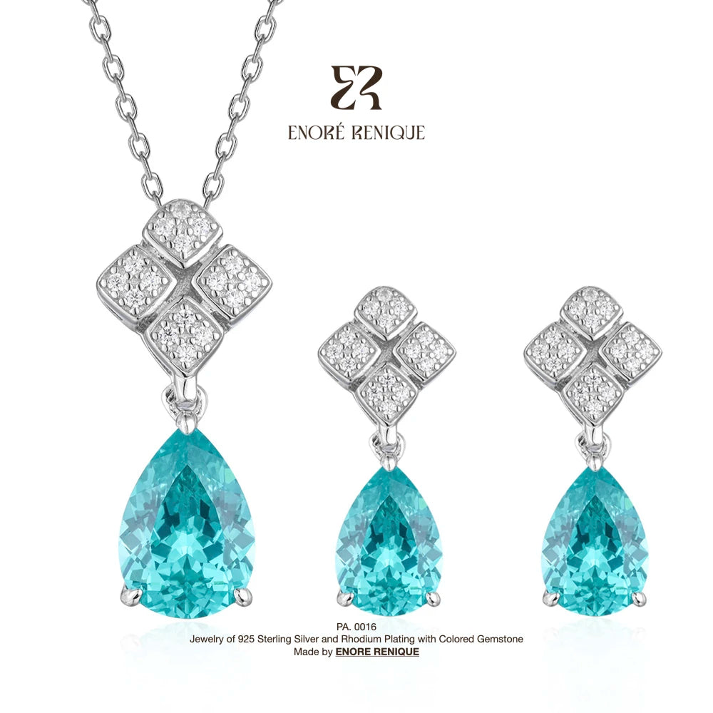 7x10mm Pear Neon Blue Lab Grown Gemstone Jewelry Parure Rhodium Plated 925 Sterling Silver Paraiba Set Anniversary Gift for Her