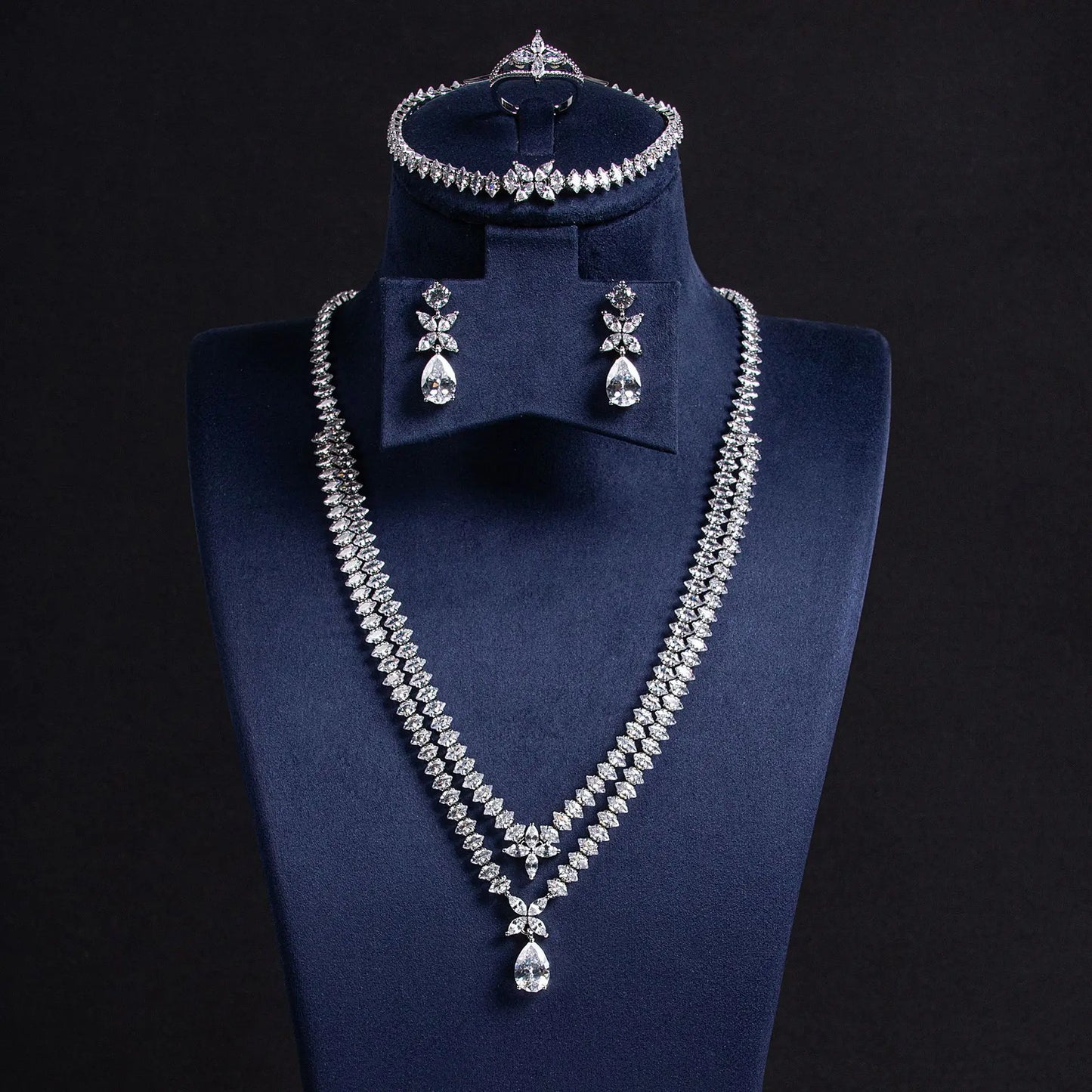 Luxury Pear-Cut Zirconia 4-Piece Dubai & Nigerian Geometric Bridal Set — Rhodium Plated