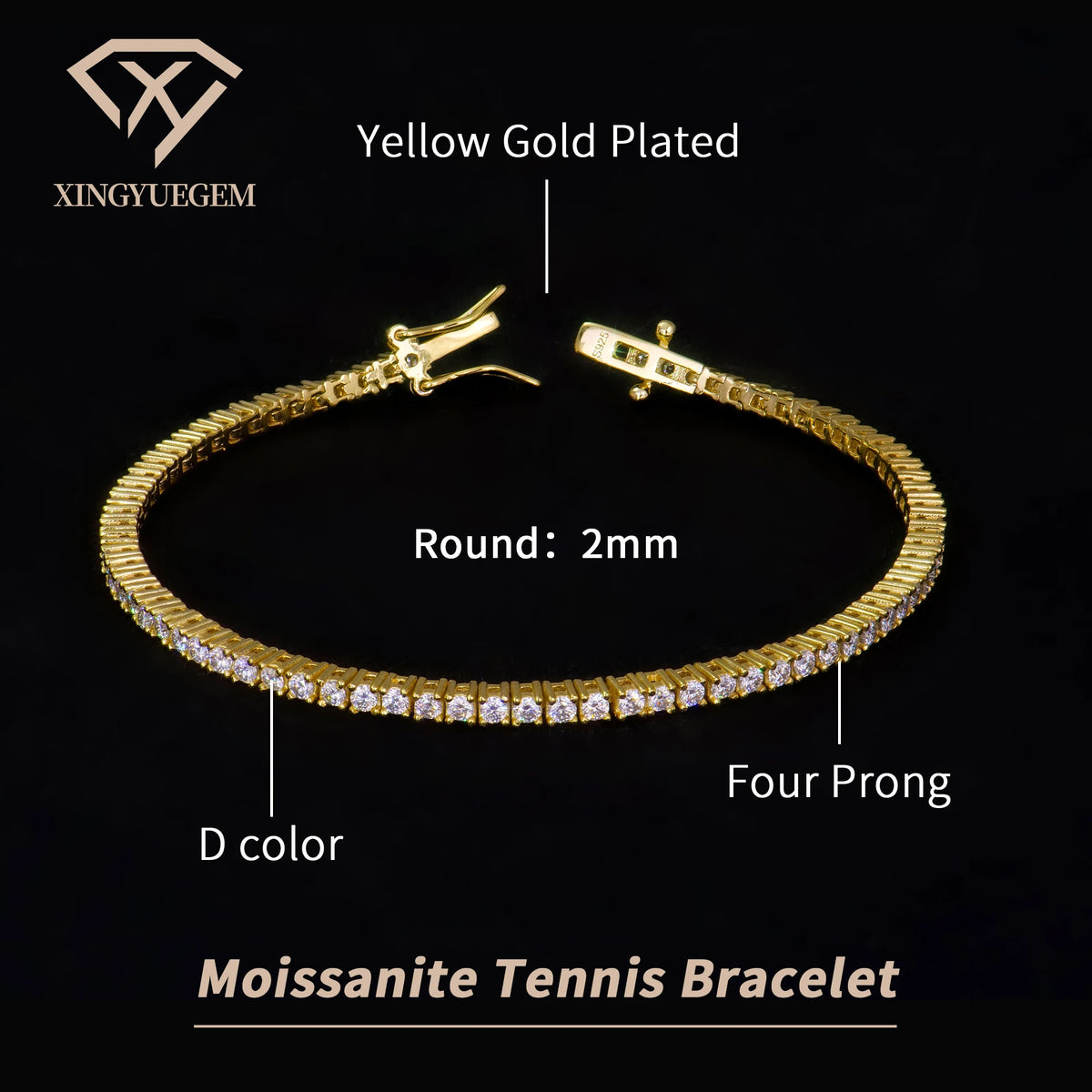 ArtistA Men Women Hip Hop Gra Certified Sterling 925 Silver Yellow Gold Plated Claw Setting Moissanite Tennis Chain Bracelet