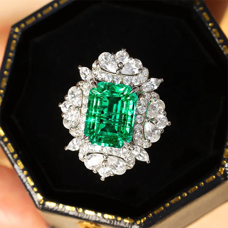 Gemfiori Vintage Jewelry Ring Lab Grown Emerald Rings Solid Gold 14K 18K Statement Rings Charm Christmas Gift Diamonds