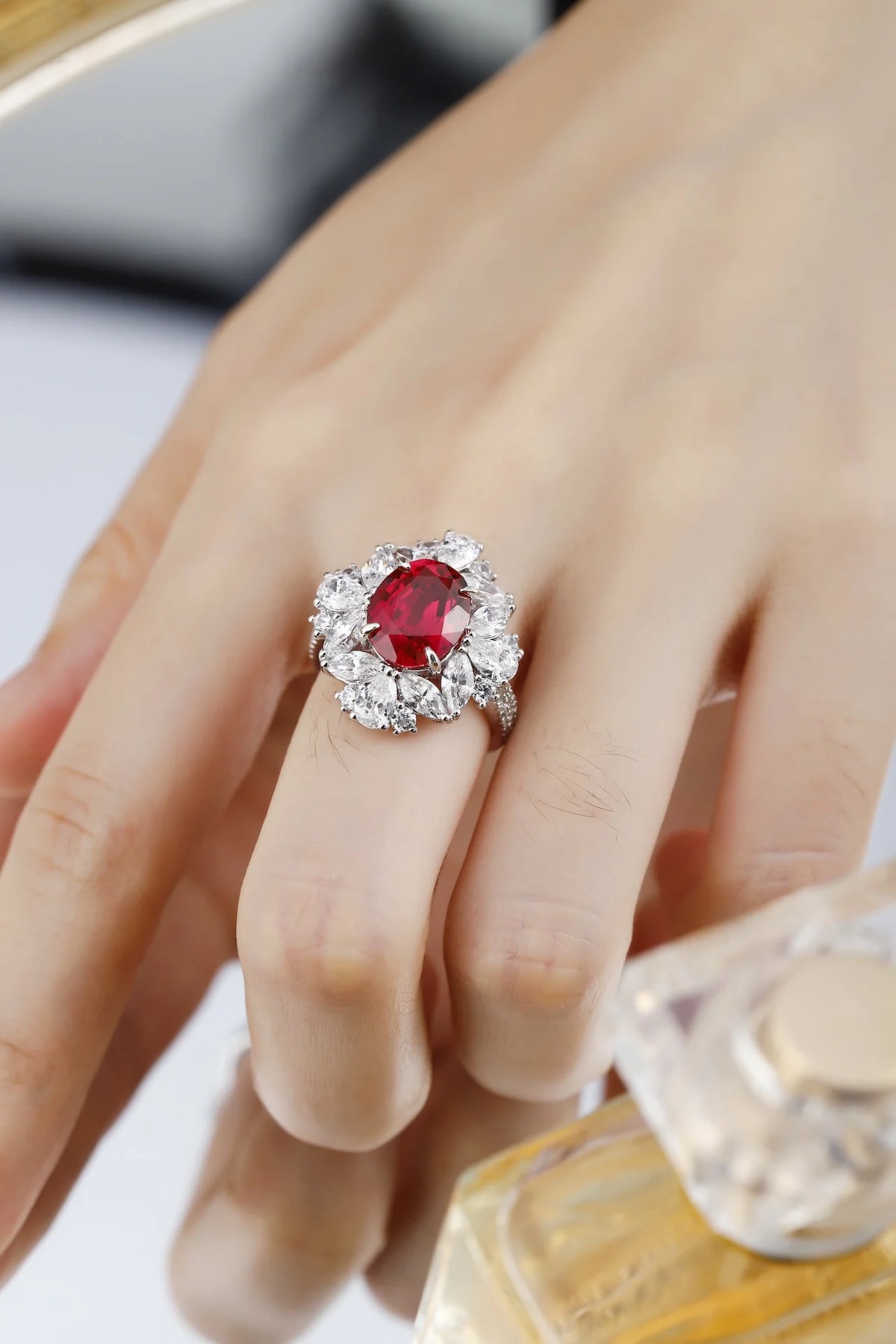 Gemfiori Anster Oval Cut Lab Created Diamonds and Ring S925 Sterling Silver Lab Grown Ruby Women Ring