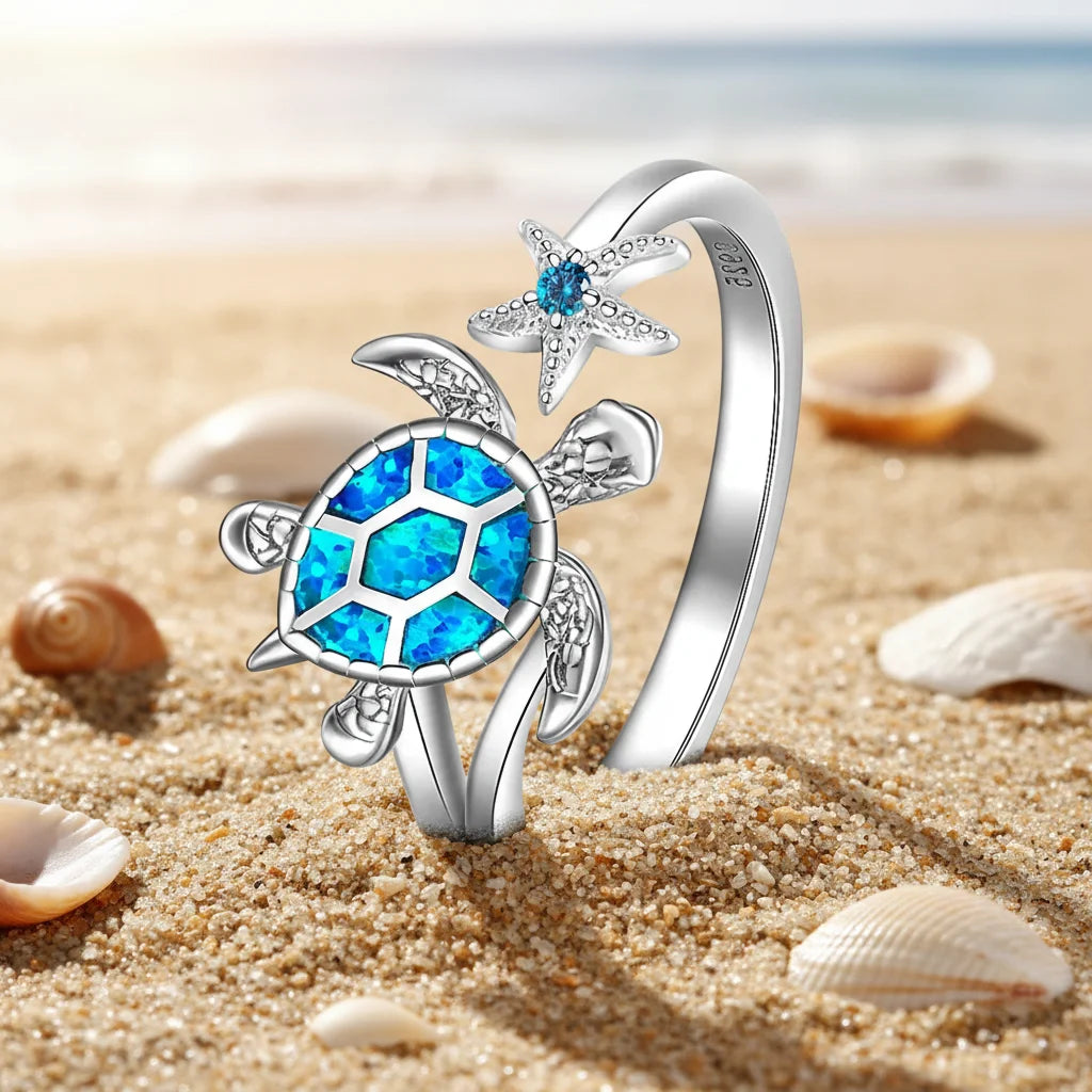 Ring | Iridescent Gem Inlay Turtle Shape Christian Lab Created Band | Modern Silver/Gold Plated Women's Trendy Fashion Jewelry
