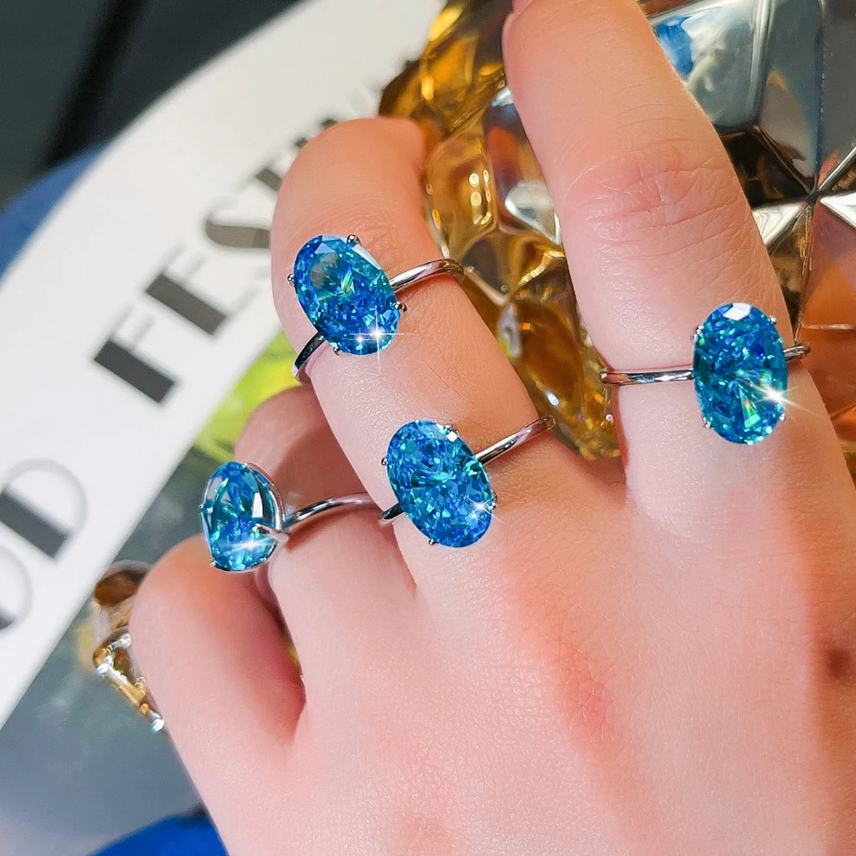 S&S 925 Sterling Silver Blue Oval-Cut CZ Cocktail Ring – Rhodium Plated – Collection