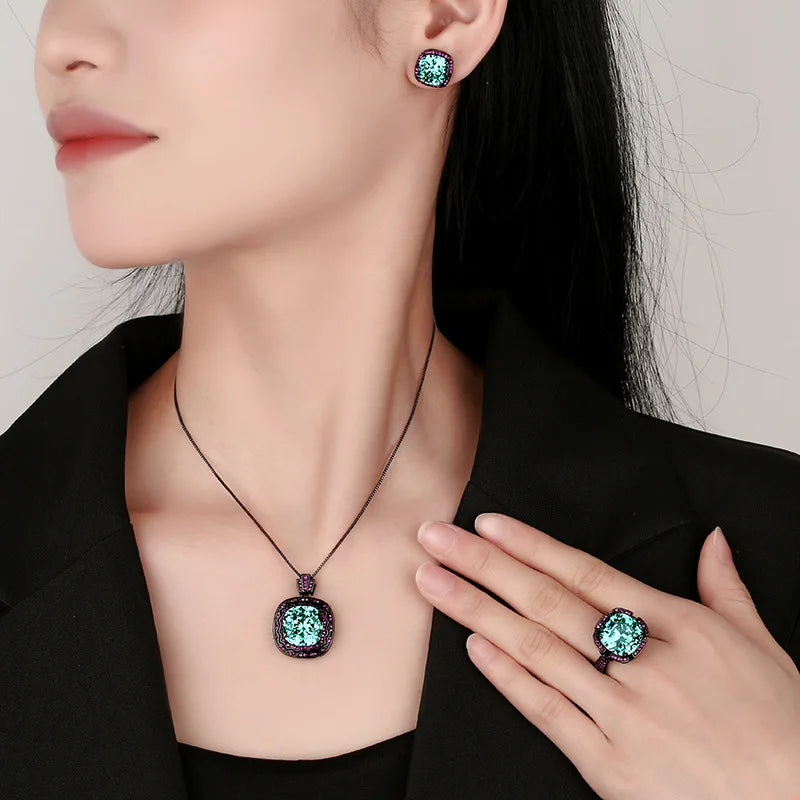 Gemfiori Luxury Dubai Bridal Wedding Boutique Jewelry Set Women's Black Gold Green Zircon Emerald Ring Earrings Pendant Necklace