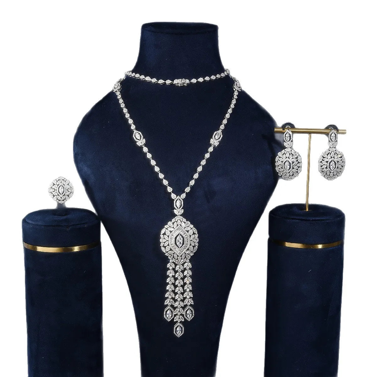 Long Tassel Necklace Set for Women's Cubic Zirconia Bridal Jewelry Trendy Sweater Necklace with Pendant