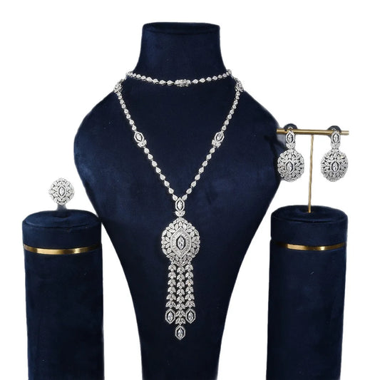 Long Tassel Necklace Set for Women's Cubic Zirconia Bridal Jewelry Trendy Sweater Necklace with Pendant
