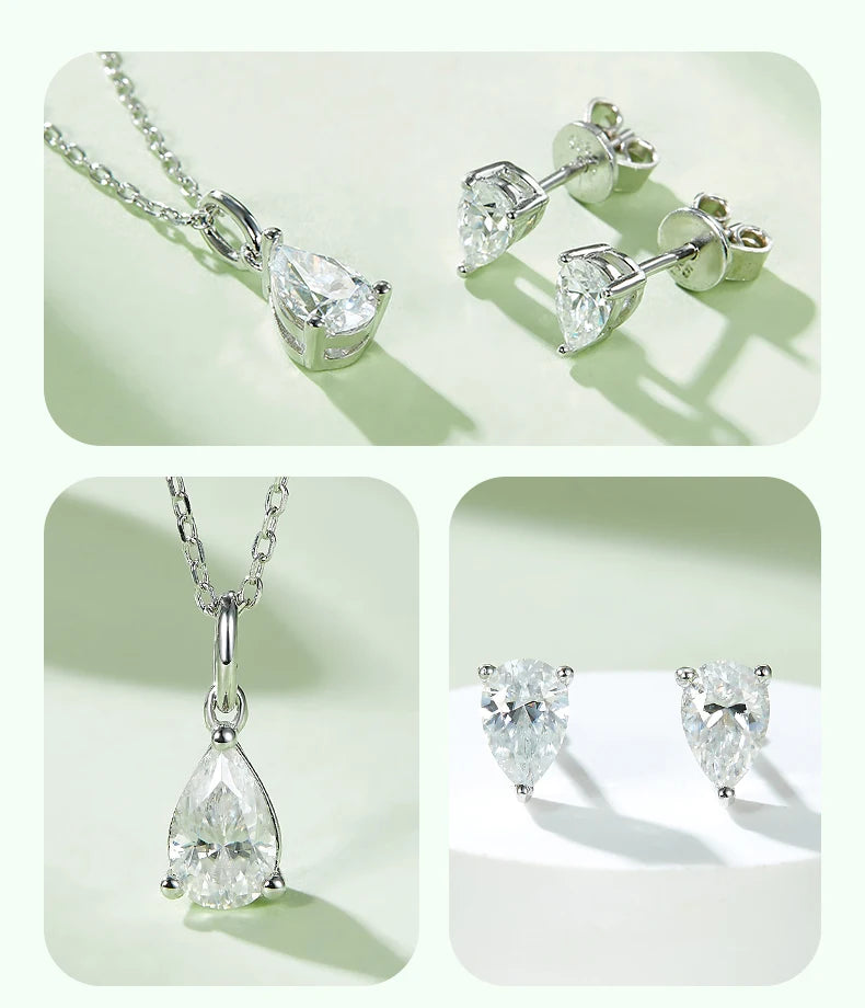 REDheart 925 Sterling Silver Earrings Pear Shaped Diamond Necklace Brilliant Cut D Color Moissanite Necklace Sets for Wedding