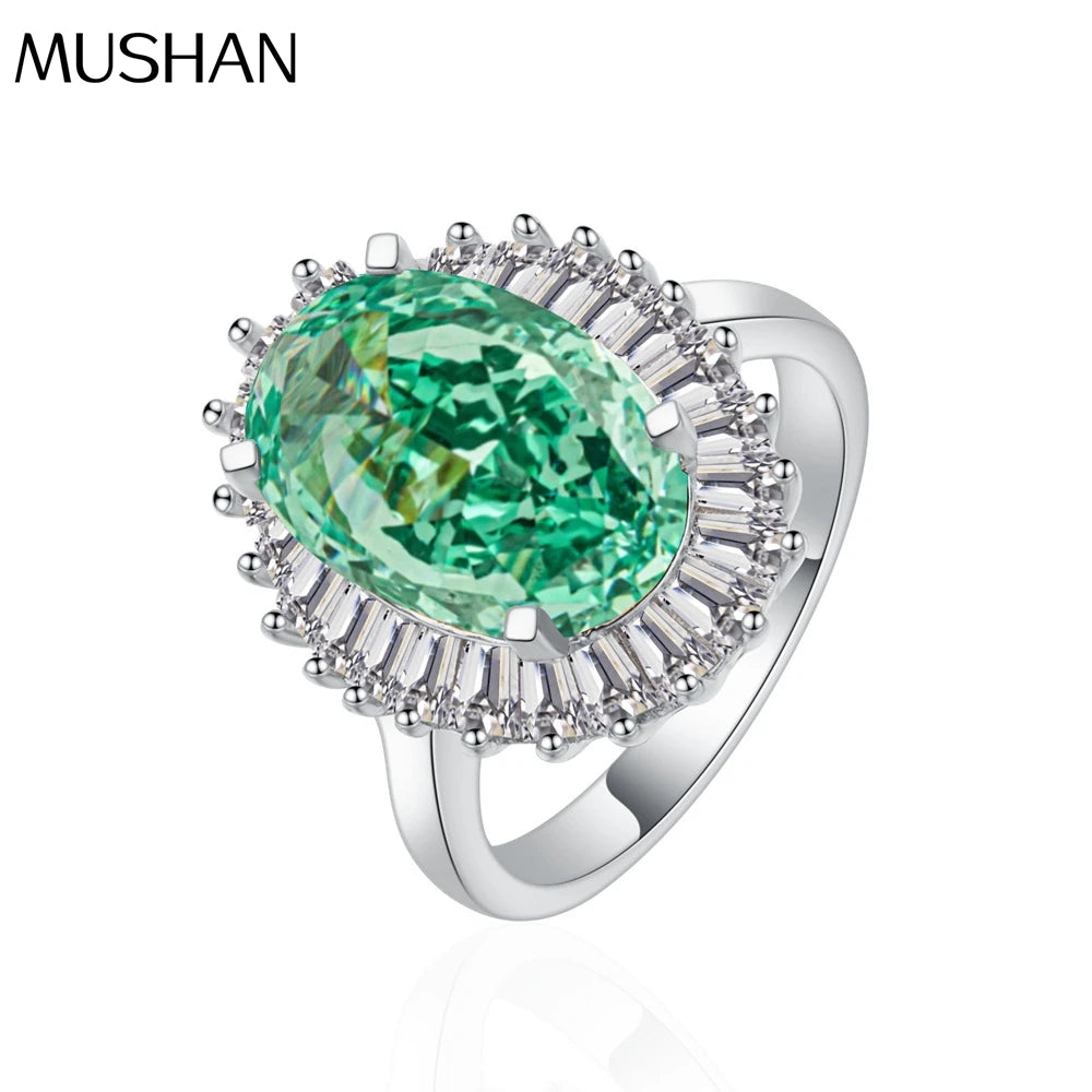MuShan Jewelry Factory 6.5ct Female Lead Shape 8 * 12 High Carbon Diamond Ice Flower Cut Paraiba Green 925 Sterling Silver Ring