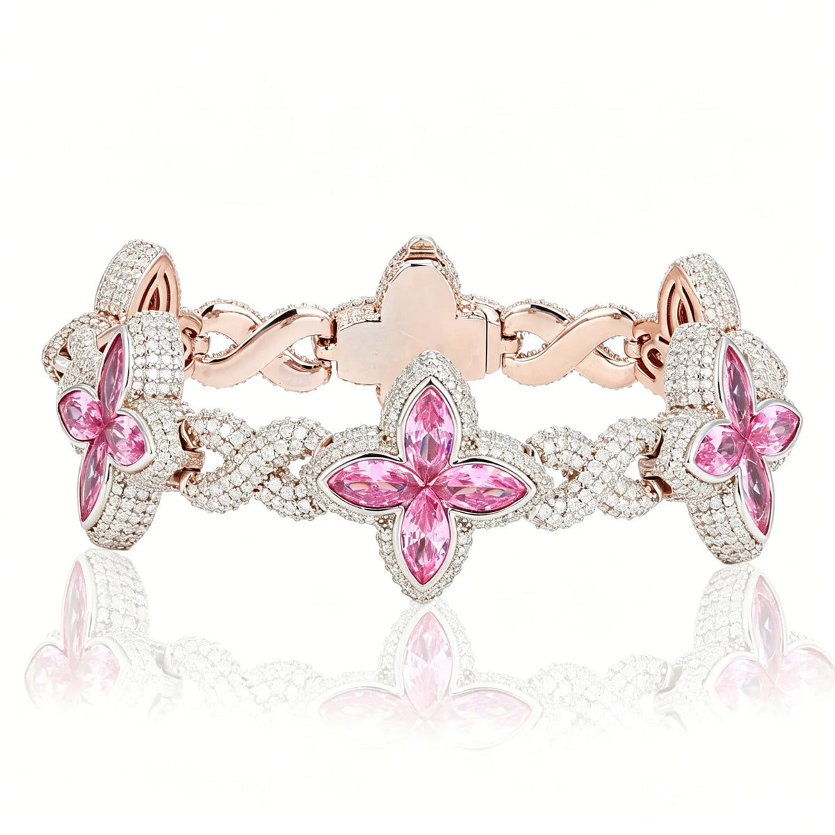 S&S Iced Out Hip Hop Jewelry 21mm Diamond Flower Chain Gold Plated Four Leaf Clover Bracelet CZ Fashion Gift for Anniversary Party