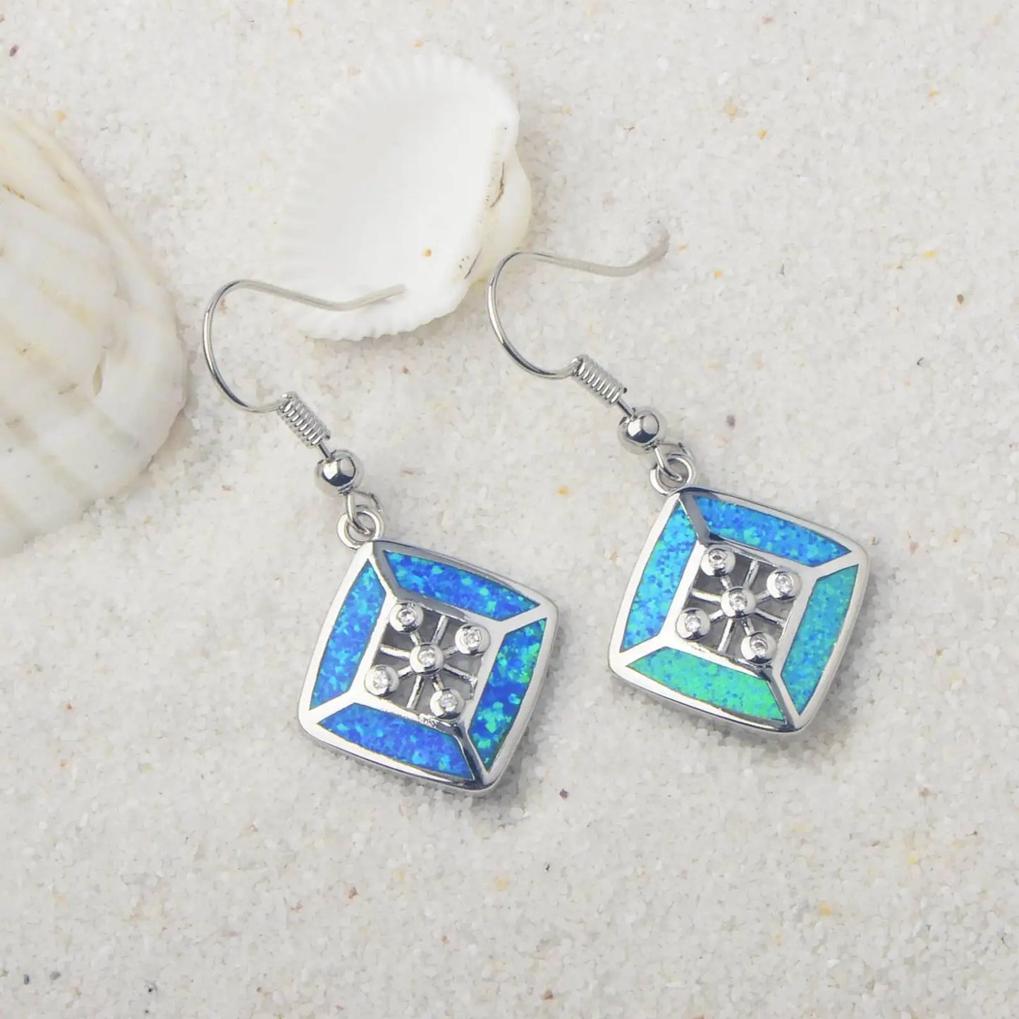 TikTok Ins Western Style Christian Geometric Blue Rhombus Opal Pendant Earrings Silver Plated Bohemian Women's Jewelry