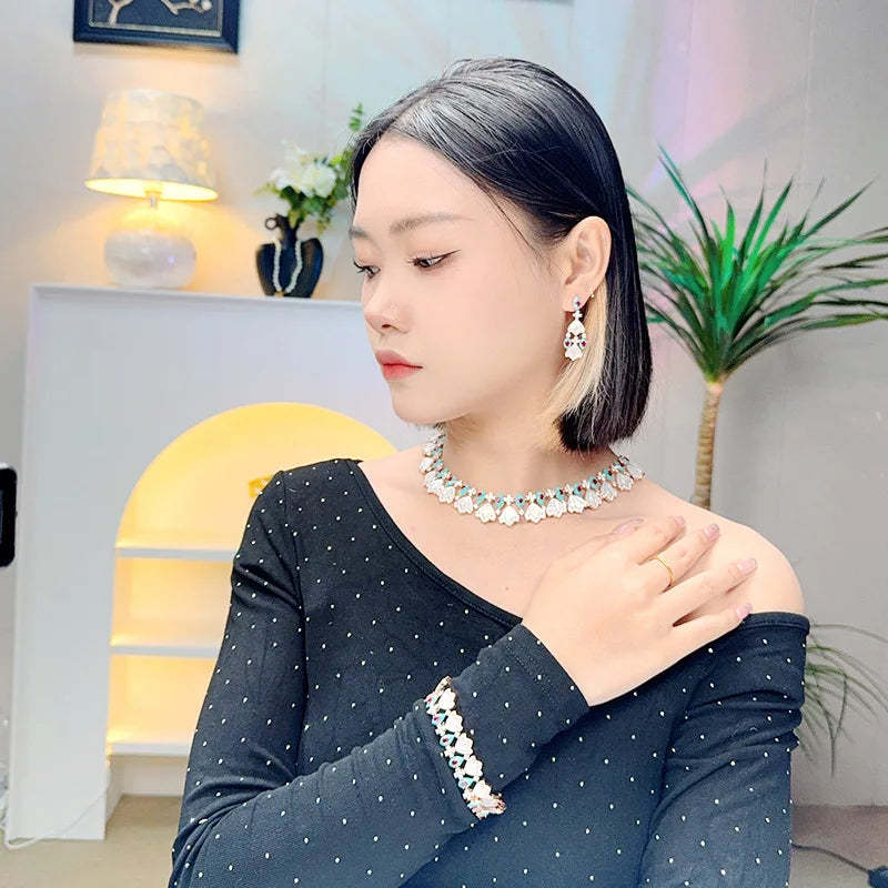 Dubai Luxury White Shell & Zirconia Choker Bridal Jewellery Set — Necklace, Earrings, Bracelet & Ring