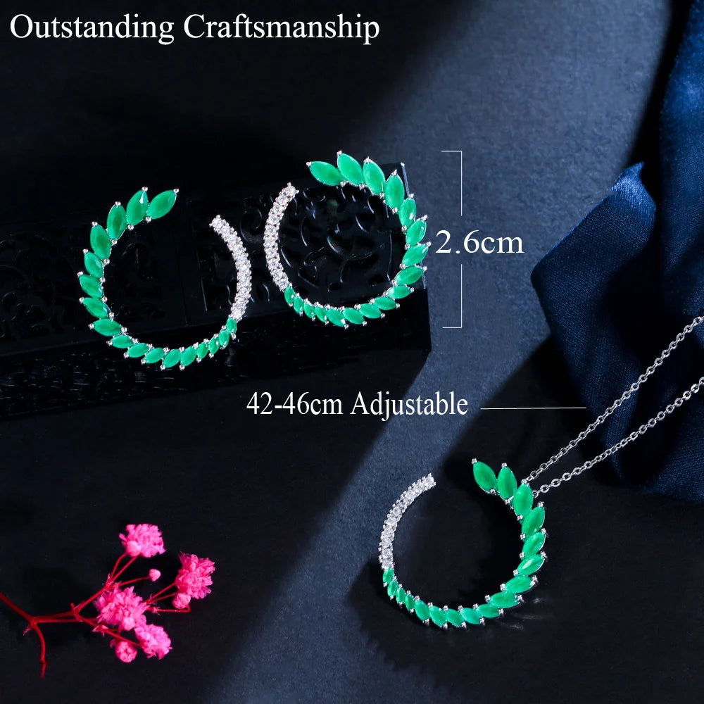 New Temperament Half Round Green Leaf Shaped Marquise Cut Cubic Zircon Crystal Stud Earrings and Necklace Jewelry Set for Women