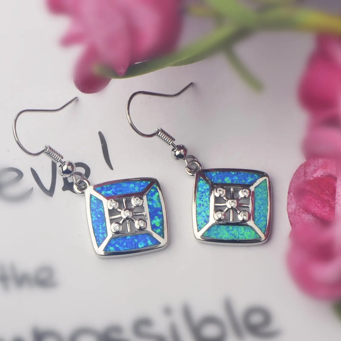 TikTok Ins Western Style Christian Geometric Blue Rhombus Opal Pendant Earrings Silver Plated Bohemian Women's Jewelry