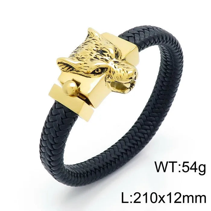 KALEN Men Punk Fashion Bracelets Fine Stainless Steel Leather Wolf Skull Bracelet Bangles