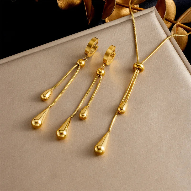Gold Tassel Teardrop Necklace & Earrings Jewellery Set | Boho Glamour Fashion Set
