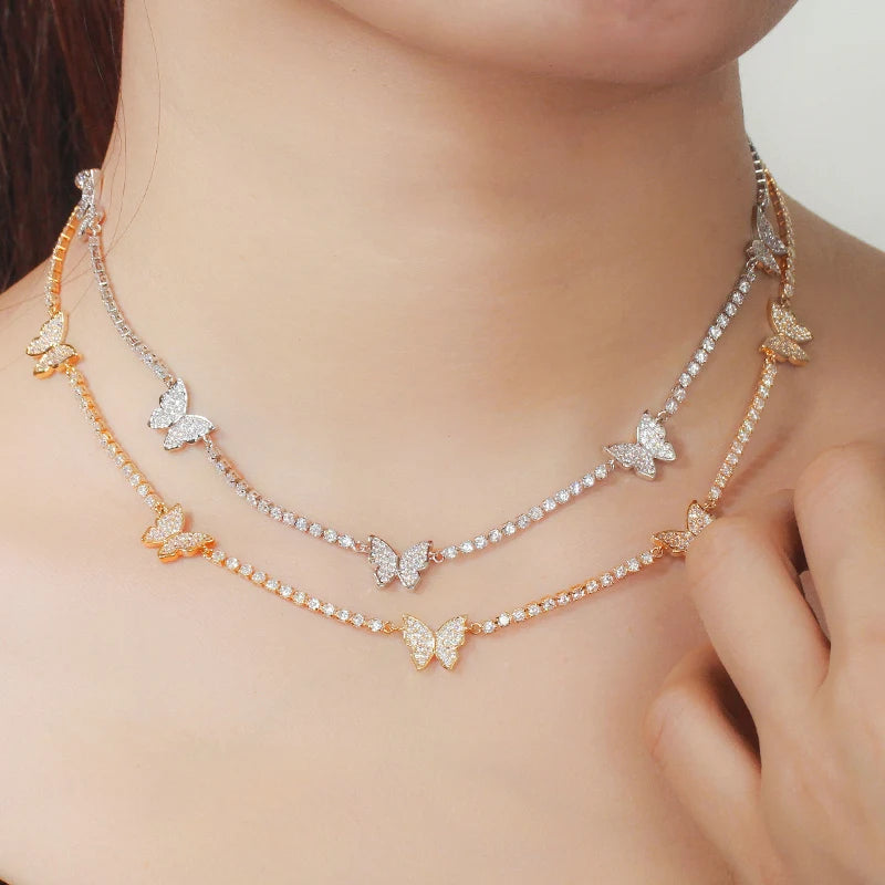 3 Piece Bright Cubic Zircon Crystal Silver Color Lovely Butterfly Ladies Jewelry Bridal Choker Necklace Earrings Bracelet Sets