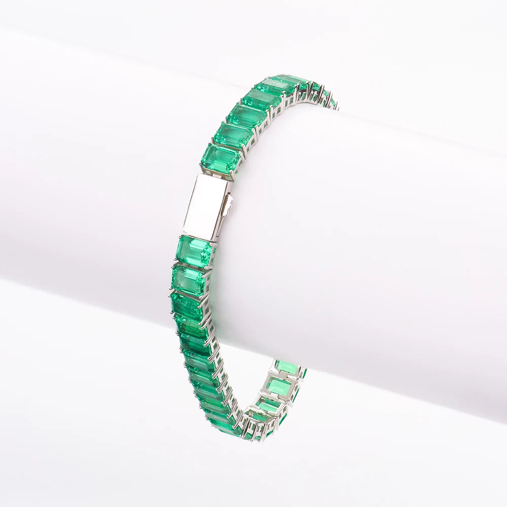 Custom 925 Sterling Silver 5x7mm Cluster Lab Grown Emerald Green Gemstone Columbian Unisex Tennis Link Chain Bracelet