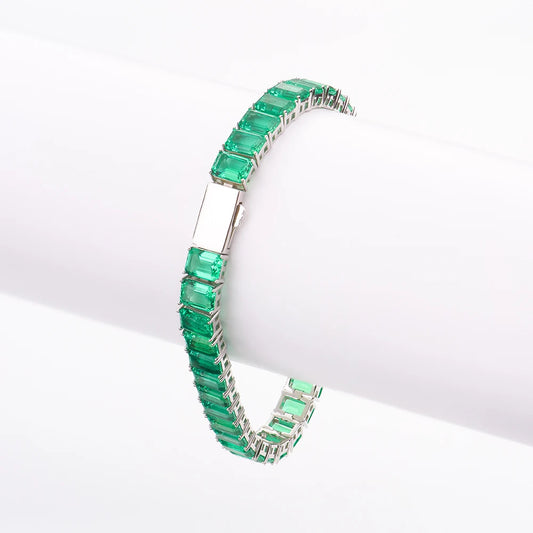 Custom 925 Sterling Silver 5x7mm Cluster Lab Grown Emerald Green Gemstone Columbian Unisex Tennis Link Chain Bracelet