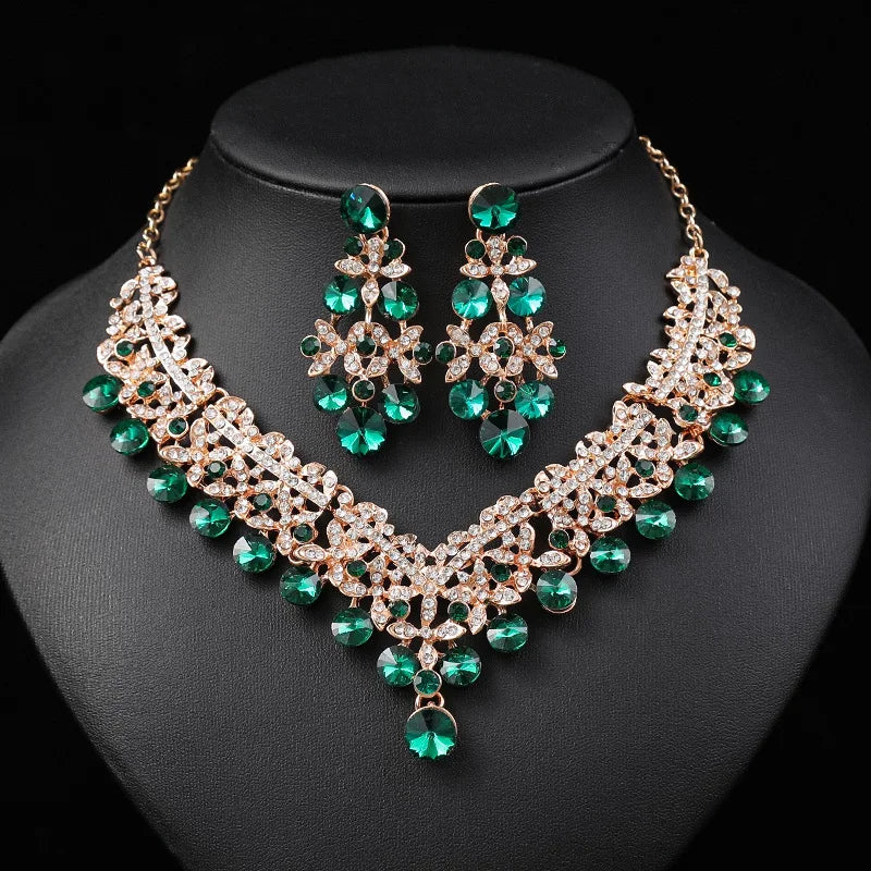 Crystal Flower Necklace & Earrings Jewellery Set | 6 Colours Bridal Evening Fashion Set
