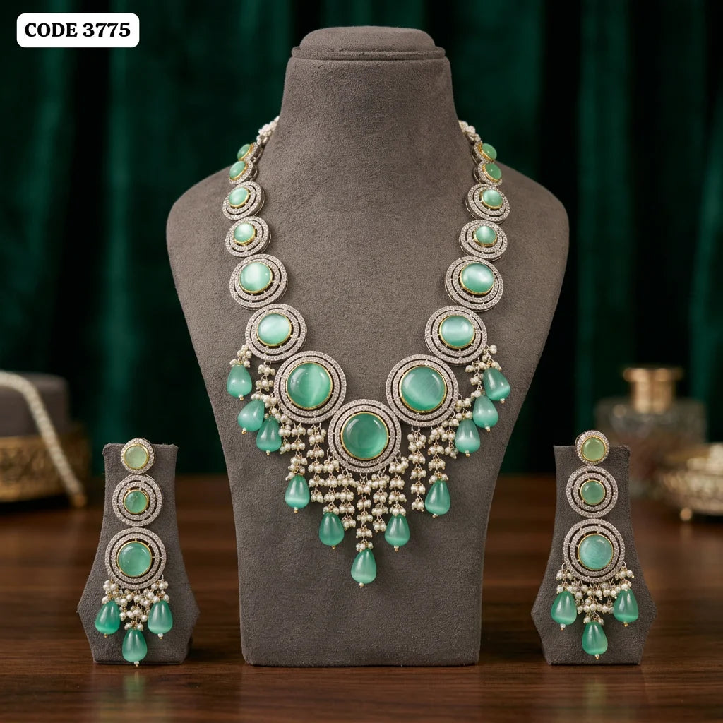 Luxury Aqua Stone Long Statement Necklace Set for Women Wedding Party Designer Ethnic Jewelry Gift Collection Premium Set