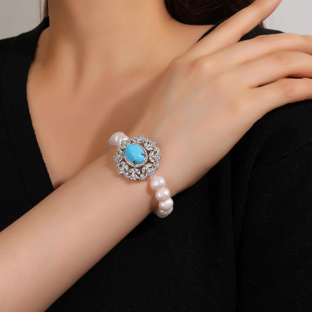 MUSHAN Jewelry Factory S925 Pearl Bracelet 18K Gold Plated Classic Party Gift Blue Turquoise 8mm Cross Border Bestseller
