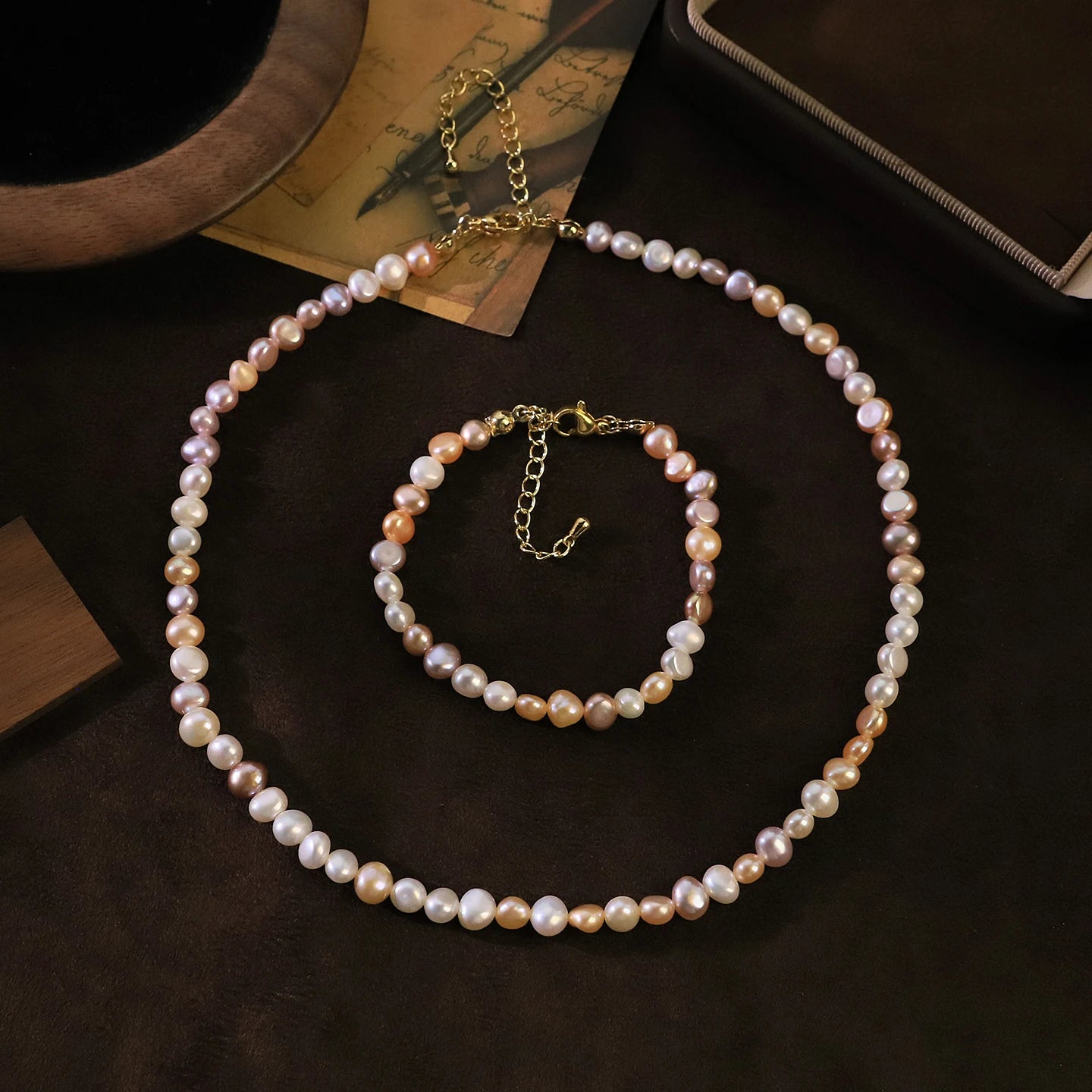 GLSEEVO Multicolour Natural Freshwater Pearl Necklace & Bracelet Set — Blush, Peach & Lavender