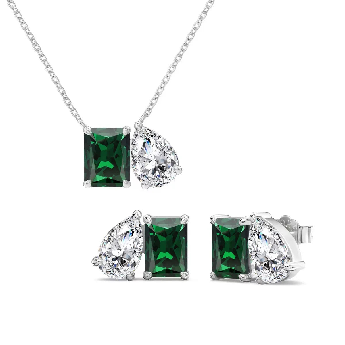 Fashion CZ 925 Sterling Silver Jewelry Set Green Baguette Drop Zircon Pendant Necklace Jewelry Set for Women Girls Daily Wear